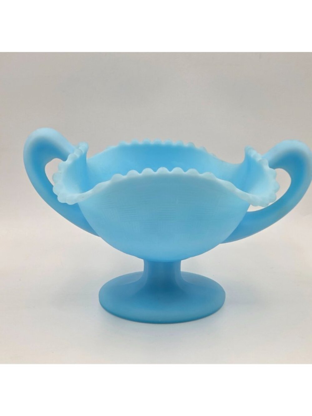 Fenton Three Fruits #8242 Handled Compote Satin Blue Milk Glass - Picture 2 of 9
